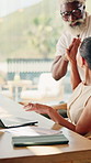 Smile, finance and high five with laptop in home for budget success, winning or profit together. House, interracial couple and mature people with document for financial investment or good news