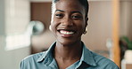 Face, smile and black woman in company for business, development and career growth as bookkeeper. Portrait, happy female person and financial worker with ambition in workplace, opportunity and laugh