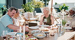 Wine, snacks and mature people on patio with smile, summer holiday and conversation on weekend break. Happy, friends and relax outdoor in backyard with alcohol drink, food and bonding for connection.
