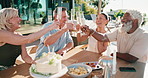 Woman, friends and cheers in home with alcohol, blowing candles and birthday cake for celebration. Happy, mature people and toast on patio with beverage, dessert and socializing for special occasion