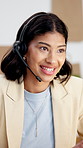 Headset, smile and woman talking for logistics feedback, customer support and delivery status. Shipping, happy agent and person in office for pricing help, order tracking and laugh in small business