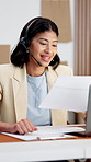 Headset, document and woman in office for logistics feedback, customer support and funny joke. Shipping, happy agent and person with paperwork for communication, help and laugh in small business