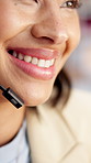 Headset, mouth and woman speaking in call center, lead generation or telemarketing with smile. Sales consultant, mic and happy person in office for outbound marketing, telesales and communication