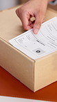 Hands, person and box at startup with label, dispatch order and customer address for shipping. Entrepreneur, package and sticker in office for packaging, parcel barcode and information for delivery