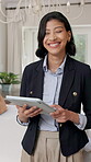Face, woman and realtor at house with tablet, research and property viewing for real estate. Portrait, smile and female person in bedroom with digital, new listing and showcase of residential auction