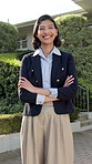 Face, laugh and real estate agent at property with arms crossed, home ownership and loan approval. Happy, female person or realtor with smile for sale, lease or buy house from seller or landlord
