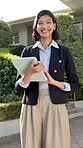 Face, woman and realtor outdoor with tablet, research and property viewing for real estate resale. Portrait, smile or consultant at house with digital, new listing and showcase of residential auction