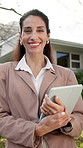 Face, woman and tablet at house for real estate, research and property viewing for showcase. Portrait, mature person and smile outdoor with digital, new listing and evaluation for residential auction