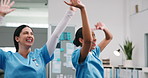 Dancing, happy and team in hospital with fun, surgical achievement and celebration for shift end. Success, women and nurse with laugh, healthcare breakthrough and playful groove with completed work.