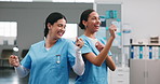 Dancing, happy and team in clinic with fun, medical achievement and celebration for shift end. Success, women and nurse with laugh, healthcare breakthrough and playful groove with completed work.