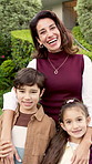 Love, mom and kids on front porch with face, security and bonding together on weekend break. Safety, mother and children outdoor with laugh, happy moment and family connection in healthy relationship