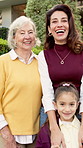 Grandmother, mom or kid in backyard with face, security or bonding together on weekend break. Grandparent, mother or girl outdoor with laugh, happy moment or family connection in healthy relationship