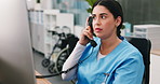 Issue, computer or doctor in clinic with phone call, booking error or patient pressure in healthcare. Medical, headache or serious woman with tech, telehealth stress or schedule mistake in hospital.