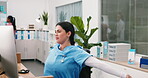 Tired, stretching and woman in clinic with computer, admin fatigue or low energy in medical center. Overworked, tech or nurse with yawning, hospital burnout or exhausted with healthcare research.