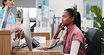 Women, nurse and call at reception with folder, appointment and contact patient for treatment. People, telephone or pc at clinic with document, medical inquiry and assistance for healthcare service

