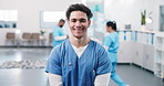 Face, man and nurse with smile in clinic for career pride, about us and medical service. Portrait, male person and job ambition for healthcare assistance, patient care and confidence in hospital