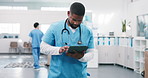 Man, nurse and research with tablet in hospital for medical appointment, results or schedule. Male person, healthcare worker or scrolling with technology for monitoring clinic tests or health report
