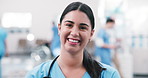 Face, woman and doctor with smile for healthcare assistance, about us and medical service in clinic. Portrait, person and job ambition for career pride, patient care and confidence in hospital