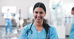 Face, woman and nurse with smile for healthcare assistance, about us and medical service in clinic. Portrait, person and job ambition for career pride, patient care and confidence in hospital