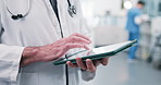 Hands, doctor and typing on tablet for healthcare report, diagnostic review or order blood test. Medical, person or digital app in hospital for pathology results, schedule CT scan or care plan update