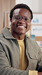 Logistics, face or black man in agency with smile, confidence or pride as distribution analyst. Data, happy person or stock administrator with laugh, operation specialist or about us in supply chain.