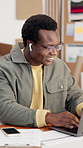 Music, man and laptop in small business for shipping status update, typing waybill or productivity. Ecommerce, happy black person or earphones for delivery scheduling, track fleet or admin with dance