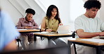 University student, reading and woman with tablet in classroom, education or studying with research. College, notes and people with tech, knowledge and planning for assignment with info on website