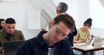 University, lesson and lecturer with students in classroom, education or notes for exam preparation. Happy people, writing and learning with tech in college, knowledge and listening to professor