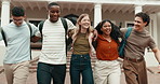 Hug, walking and woman with friends at university for education, learning and hangout on break. College, group and students for talking, connection and community at campus, school and study together