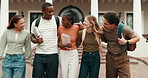 Happy, walking and woman with friends at university for education, learning or hangout on break. College, group and students hug for talking, support and community at campus, school and study outdoor