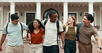 Hug, walking and man with friends at university for education, learning and hangout on break. College, group and students for talking, connection and community at campus, school and study together