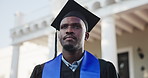 Graduate, black man and thinking on campus for achievement, academic success and future. Remember education, reflection and serious person with degree, university accomplishment and graduation
