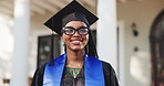 Graduation, vision and woman with smile at university for future aspiration or education goal. Graduate, happy black person or think of academic milestone, outdoor reflection or valedictorian student