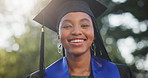 University, black woman and student with face for graduation, award and milestone for education goals. Portrait, flare and person with ceremony, degree and success for achievement and college diploma