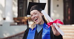 University, degree and woman with face for graduation, award and milestone for education goals. Portrait, campus and happy student with celebration, diploma and success for achievement and college