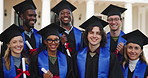 Friends, face and happy people at university for graduation success, education excellence or diploma. College graduate, group of students or smile with portrait, certificate or achievement at campus