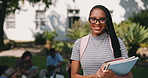 Student, books and face of woman at college for study opportunity, learning and education. University, portrait and happy person for development, knowledge and textbooks for scholarship on campus