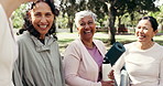 Yoga mat, fitness and friends laughing at park, funny joke and health on break for active lifestyle. Pilates class, mature women and conversation outdoor together, face and humor for wellness