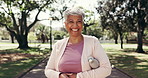 Face, fitness and happy woman at park for health, active lifestyle and wellness break with water. Smile, mature person and runner outdoor with bottle, self care and hydration benefits for wellbeing