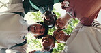Support, friends or nursing student in park with huddle, bonding or motivation in medical education. Below, interns or happy people with embrace, group unity or encouragement in healthcare residency.