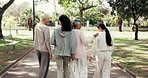 Fitness, back and friends in park with walk, wellness session and connection in workout hobby. Bonding, stroll or mature women with happy moment, exercise together or keeping fit in outdoor activity.