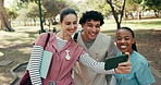Selfie, smile and medical students outdoor with friends, university education and social media post. Happy, people and tongue out in park with photography, college memories and healthcare course.