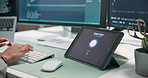 Hands, woman and computer in office for programming, coding and chatbot support for cybersecurity. Person, typing and screen in workplace with tech, ai assistance and review code for testing software