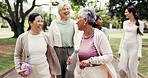 Fitness, coach or friends in park with walk, wellness session or connection in workout hobby. Laugh, trainer or mature people with happy moment, exercise group or keeping fit in outdoor activity.
