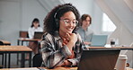 Girl, student and laptop in university with headphones, project and tutorial with online studying. Academic, tech and streaming in community college with visual learning, lesson platform or education