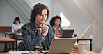 Man, student and laptop in university with thinking, reading info or research with online studying. Academic, tech or connection in community college for review tutorial, lesson platform or education