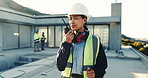 Engineer, radio and woman at construction site with conversation, project management or instructions. Engineering, supervisor and person talk outdoor by building with tech, infrastructure and advice.