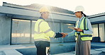 Man, woman and handshake at construction site with tablet, building instruction and welcome. Worker, supervisor and technology at worksite with shaking hands, project collaboration and app with flare