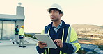 Engineer, tablet and man at construction site with inspection, typing report and happy with project. Engineering supervisor, person and outdoor with tech, smile and quality assurance for building.