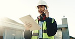 Architect, woman and tablet with phone call for construction project, building design or plan. Female person, civil engineer or supervisor with technology or lens flare for architecture development